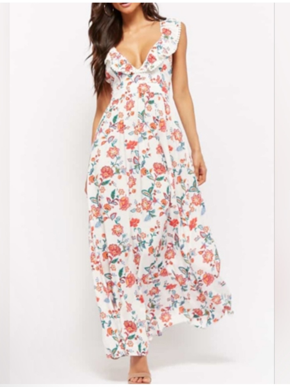 Ruffle deep v neck Floral Open Back Maxi Dress